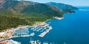Marmaris marina aerial panoramic view in Marmaris city in Turkey
